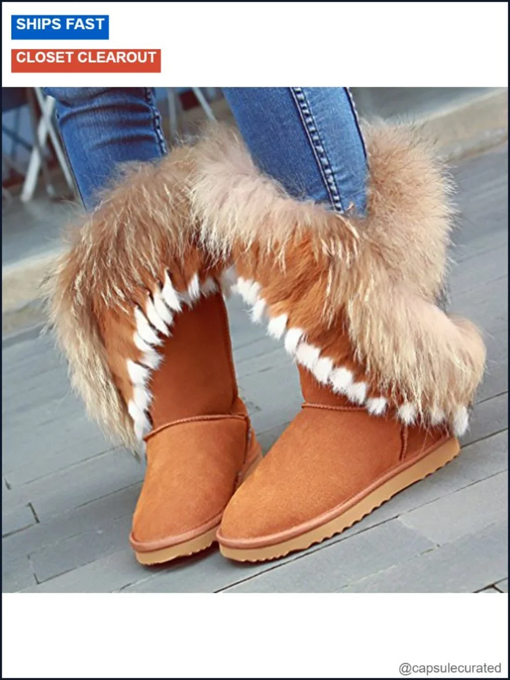 Mid Calf Boots Cow Leather Faux Fur Trim Pull-On Winter